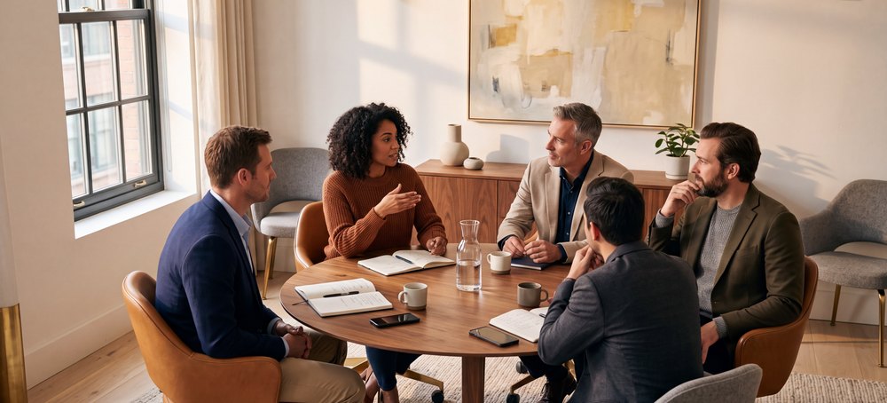 Five lending executives in conversation around a table at a roadshow session