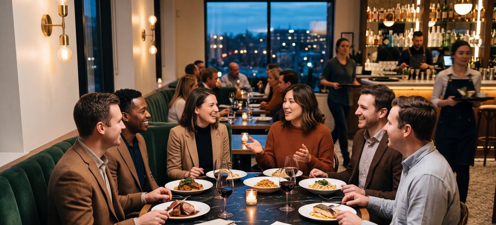 Six guests at the private dinner in a restaurant after a session