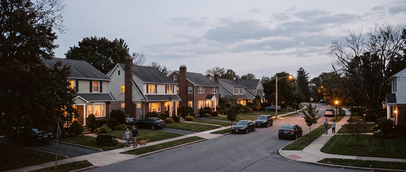 An American residential street at dusk, neighbours out walking